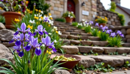 A tranquil garden scene, with a multitude of vibrant purple irises blooming in a stone bordered patch near a staircase