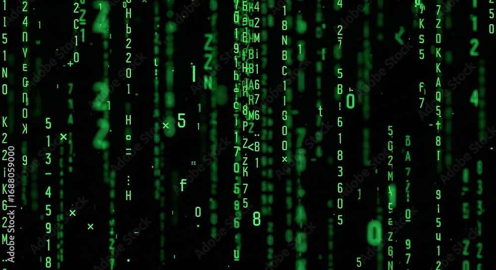 Poster green digital code streams falling down a dark screen, resembling a classic computer matrix effect w