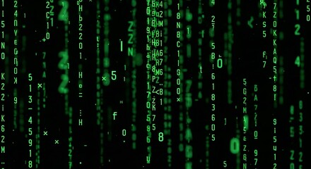 Green digital code streams falling down a dark screen, resembling a classic computer matrix effect with abstract symbols.