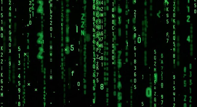 Green digital code streams falling down a dark screen, resembling a classic computer matrix effect with abstract symbols.