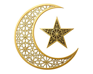 Golden Crescent Moon and Star: Exquisite golden crescent moon and star illustration with intricate, artistic detail, evoking a sense of wonder, spirituality and heritage.