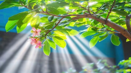 Sunlight filtering through lush green leaves and delicate pink flowers creating a serene atmosphere