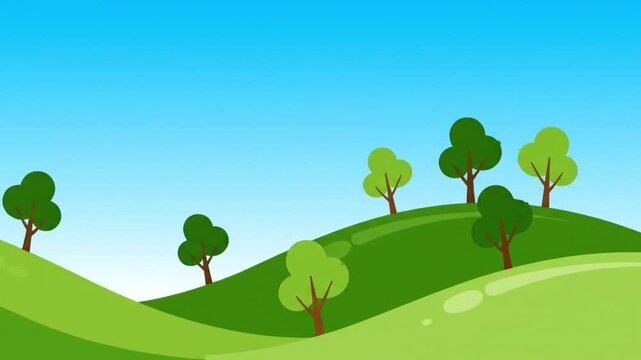 Gentle rolling green hills under a clear blue sky with scattered trees, a vibrant natural landscape illustration