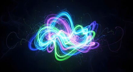 Abstract swirling neon light trails in blue, purple, and green on a dark background, creating a sense of energy and motion.