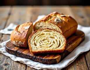 A loaf of bread with a braided appearance, placed on a wooden cutting board
