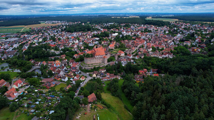 Aerial panoramic view of the old town around the city Cadolzburg in bavaria in Germany on a sunny day in spring