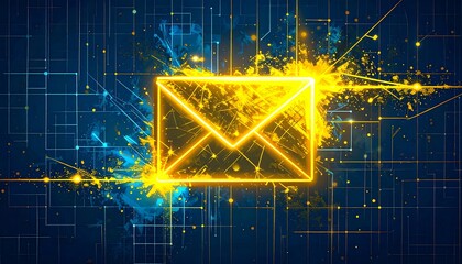 A vibrant, abstract digital illustration showcases a glowing email envelope.