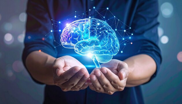 Hands holding digital brain, glowing artificial intelligence symbol, futuristic neural network, innovation and technology concept