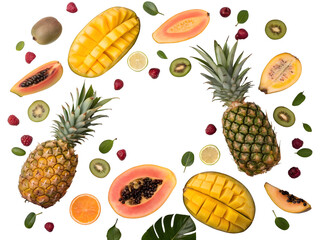 Vibrant Tropical Fruits Arranged in Circular Pattern with Pineapples Mangoes Papayas Kiwi Raspberries and Lime Slices on Black Background isolated on a transparent background