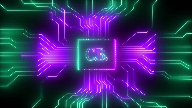 Futuristic Neon Motherboard Data Flow &ndash; CPU Processing, Cloud Computing, and Digital Circuit Board Sci-Fi Background.