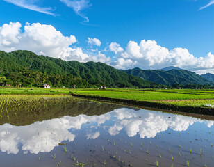 rice paddy reflection, blue sky mirrored in water, peaceful rural scene, agricultural landscape, nature photography, serene farming environment