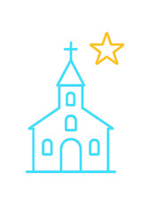 Fototapeta premium Minimalist neon blue church icon with a yellow star, representing faith, worship, and community. Simple line art illustration for religious and spiritual concepts