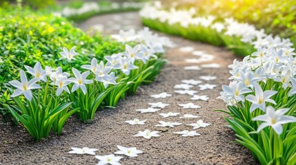 Serene pathway bordered by elegant white lilies in a tranquil garden setting on a sunny day