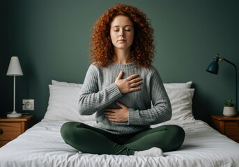 Woman meditating peacefully in bedroom calm mind deep breathing mindful breathing relaxation practice