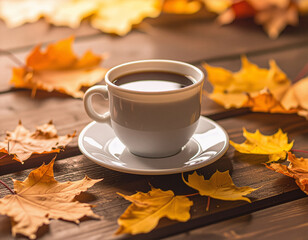 Hot coffee cup on a wooden table with autumn leaves scattered, cozy mood