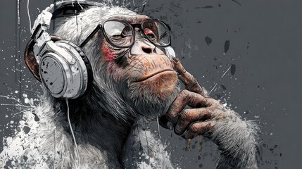 Illustration of a chimpanzee wearing glasses and headphones with a thoughtful expression