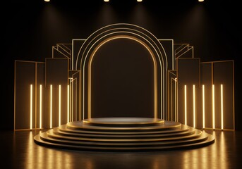 Luxurious golden arch stage with illuminated pillars for grand events and ceremonies