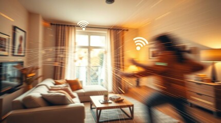 Fototapeta premium Smart Home Woman Runs in Living Room.