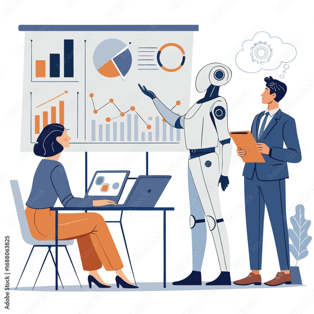 Fototapete vector art of business team and robot collaborating on data analysis and strategy, showcasing the fu