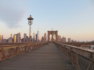 the view from the Brooklyn bridge to Manhattan skyline in the morning, New York