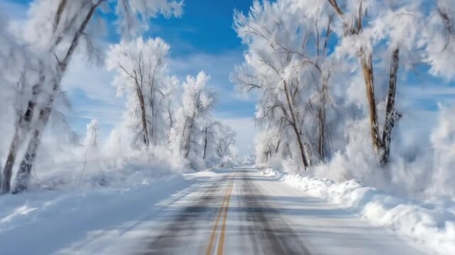 A snowy winter road lined with frost-covered trees under a clear blue sky.