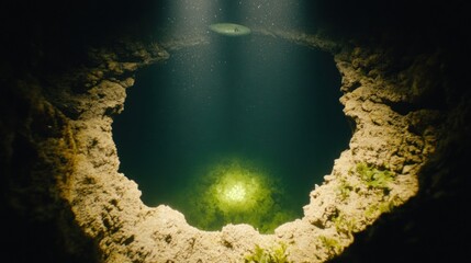 Mystical cenote pool reflecting light creating a serene and mysterious underwater landscape deep