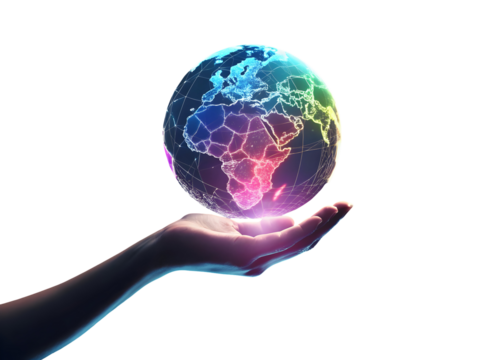 Glowing Holographic Earth Globe Floating Above a Woman's Open Palm Against a Black Background isolated on a transparent background
