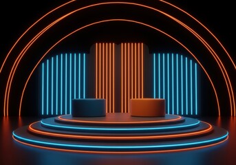 Futuristic neon stage with dual platforms and curved arches for entertainment or presentation