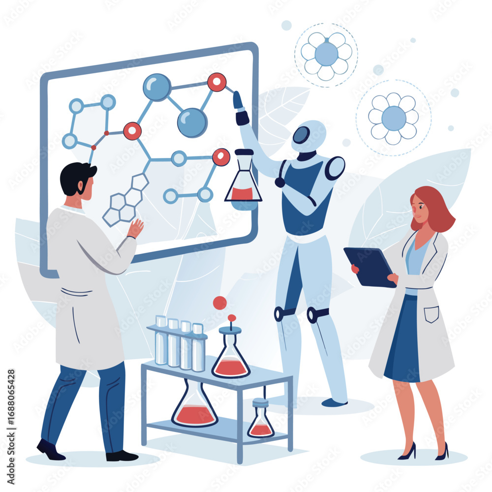 Poster vector art of scientists and a robot collaborate in a laboratory, conducting experiments and analyzi