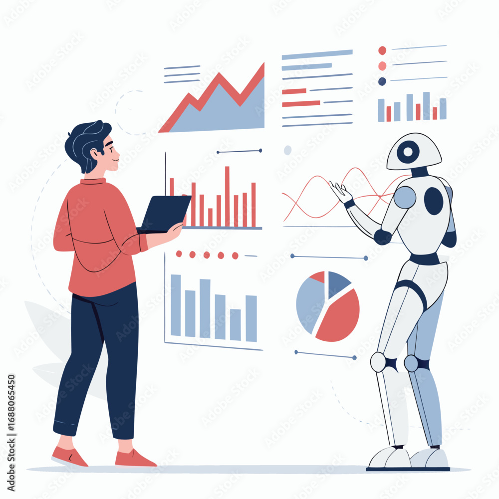 Poster vector art of a human and a robot are collaborating on data analysis, reviewing charts and graphs, a