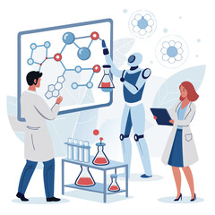 Vector art of scientists and a robot collaborate in a laboratory, conducting experiments and analyzing molecules