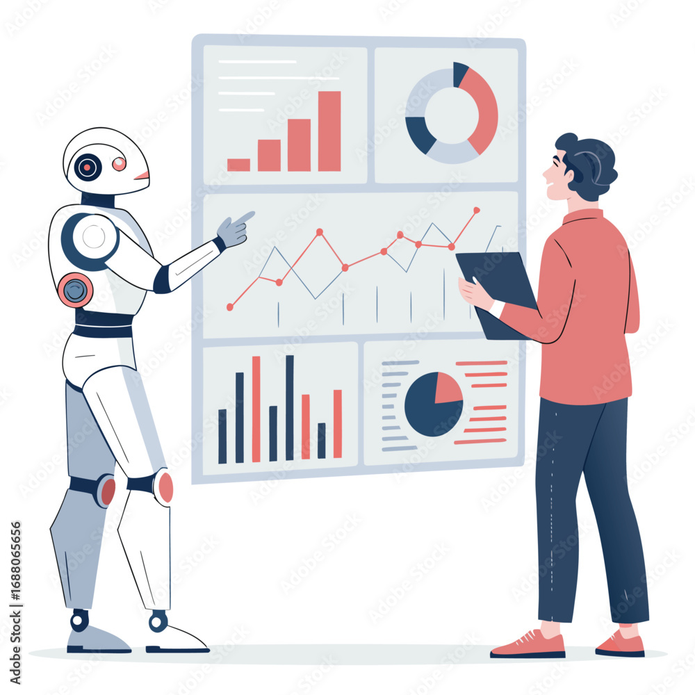 Fototapete vector art of robot and man collaborating on data analysis with charts, representing business intell