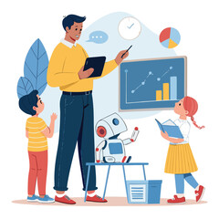 Vector art of a teacher is teaching students about robotics and artificial intelligence in the classroom