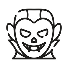 Cartoon vampire face with red eyes and fangs, spooky Halloween monster vector illustration