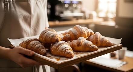 Close-up view of a baker's hands presenting a wooden tray of freshly baked croissants dusted with powdered sugar in a warm-lit bakery setting.