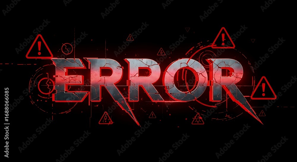 Aufkleber stunning 3d metallic 'error' text with red neon glow and warning icons signifies system failure