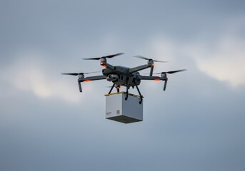 Modern drone in flight carrying a package through the sky with clouds