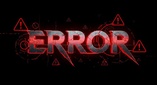 Stunning 3D metallic 'ERROR' text with red neon glow and warning icons signifies system failure