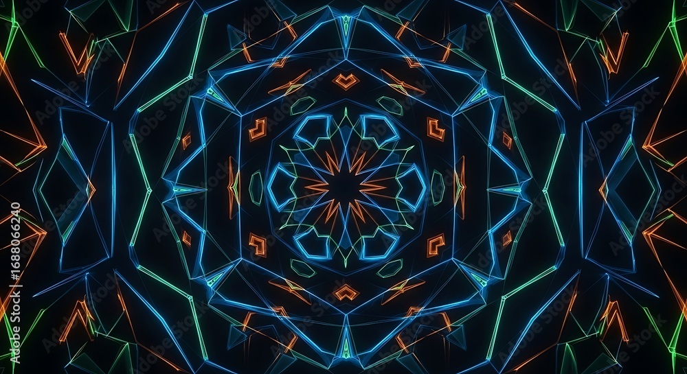 Poster geometric kaleidoscope with glowing outlines creating visual symmetry