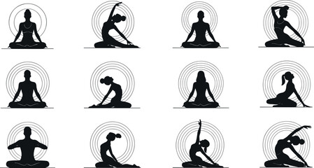 Vector silhouettes of women practicing yoga in seated poses with circular abstract backgrounds for meditation, flexibility, health, and inner peace.