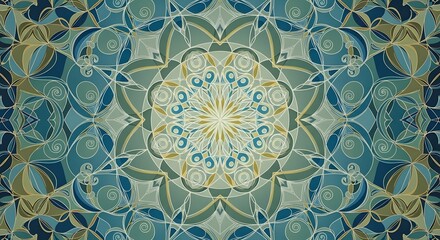 A symmetrical and intricate mandala kaleidoscope pattern in shades of teal, blue, and beige, resembling a stained glass window.