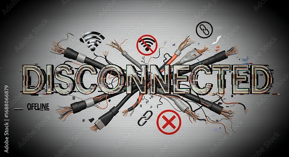 Poster experiencing digital disconnects broken wires and no signal icons symbolize internet outage