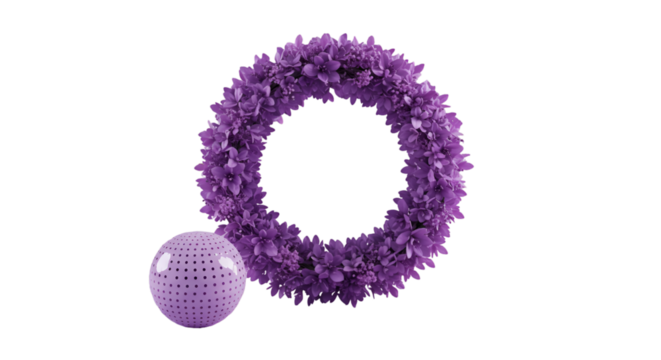 A whimsical wreath of violet blooms embracing a luminous sphere against a void in a surreal floral dance with dark