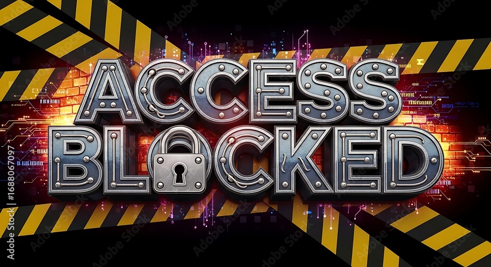 Poster cybersecurity alert access blocked with digital padlock and warning tape concept