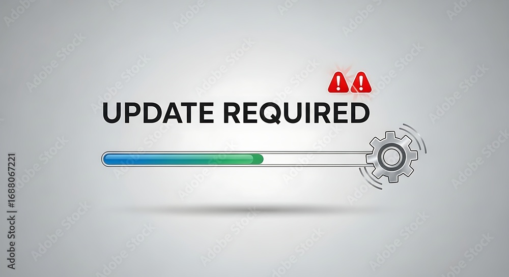 Poster urgent software update required now with progress bar and warning icons for system maintenance