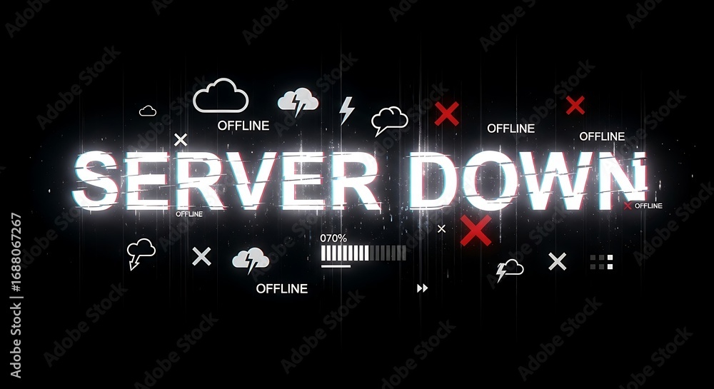 Poster urgent server down alert glitches with offline icons and progress bar, signaling system failure