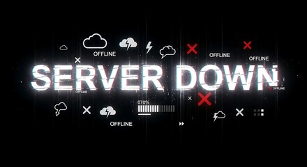 Urgent server down alert glitches with offline icons and progress bar, signaling system failure