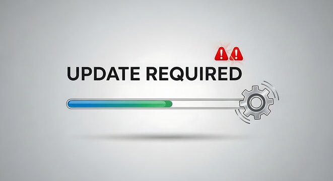Urgent software update required now with progress bar and warning icons for system maintenance