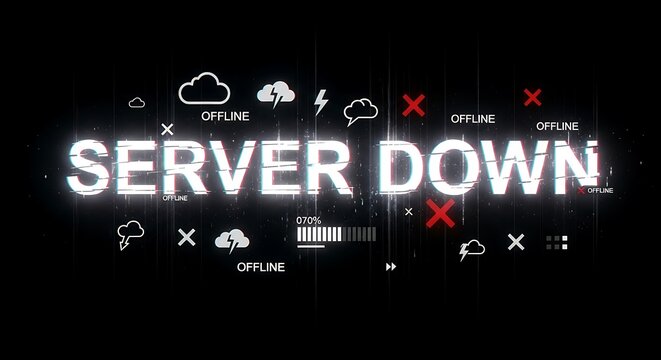 Urgent server down alert glitches with offline icons and progress bar, signaling system failure