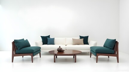 Stylish modern living room with comfortable white sofa, plush armchairs, and elegant coffee table